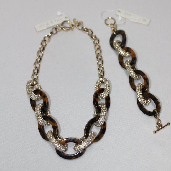 NWT Ann Taylor Faux Tortoise and Rhinestone Chain Link Necklace and Bracelet Set - Picture 16 of 16